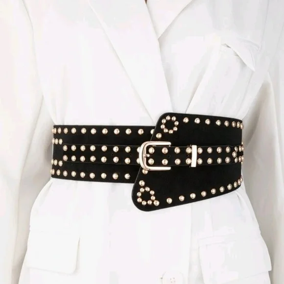 Black vegan faux suede corset gold studs punk wide boho waist belt - Picture 3 of 14